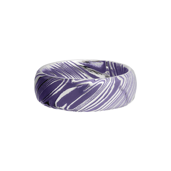 Woodgrain Damascus steel 8mm domed band beveled edges and Bright Purple Cerakote in the recessed pattern Image 3 Quality Gem LLC Bethel, CT