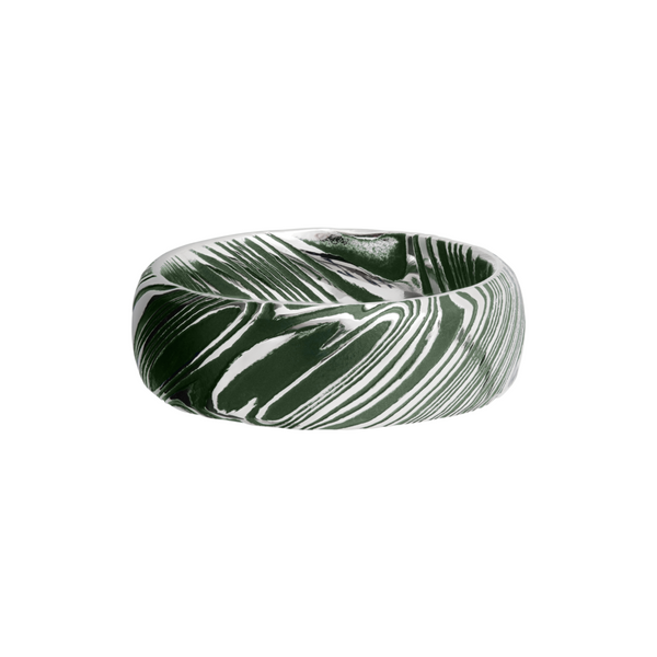 Woodgrain Damascus steel 8mm domed band beveled edges and Eastern Green Cerakote in the recessed pattern Image 3 Toner Jewelers Overland Park, KS