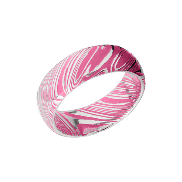 Woodgrain Damascus steel 8mm domed band beveled edges and pink Cerakote in the recessed pattern Cozzi Jewelers Newtown Square, PA