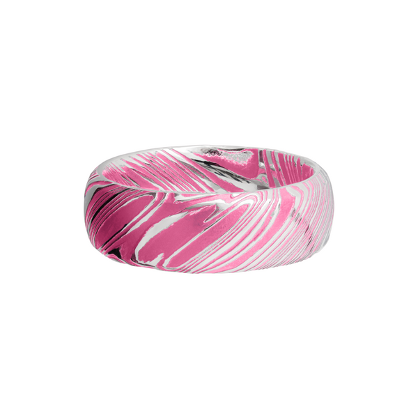 Woodgrain Damascus steel 8mm domed band beveled edges and pink Cerakote in the recessed pattern Image 3 Quality Gem LLC Bethel, CT