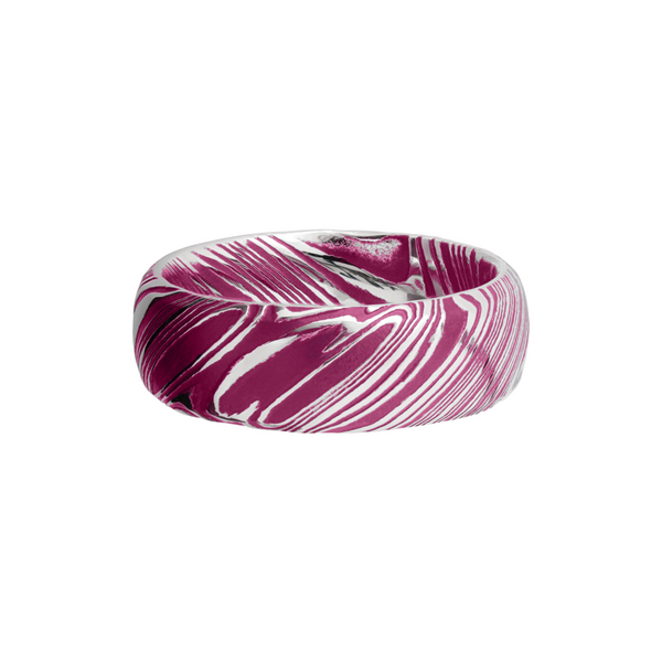 Woodgrain Damascus steel 8mm domed band beveled edges and pink Cerakote in the recessed pattern Image 3 Cozzi Jewelers Newtown Square, PA