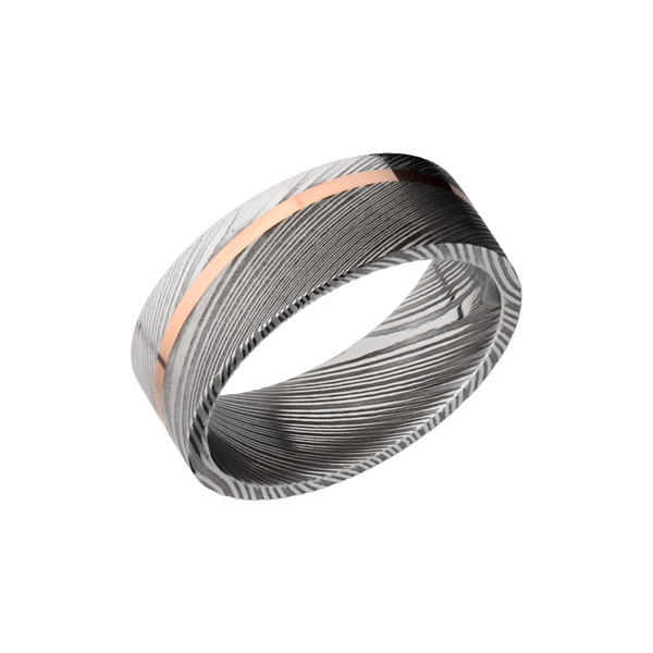 Handmade 8mm Damascus steel band with an angled inlay of 14K rose gold Toner Jewelers Overland Park, KS