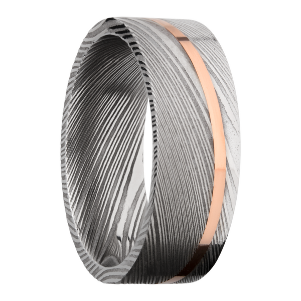 Handmade 8mm Damascus steel band with an angled inlay of 14K rose gold Image 2 Toner Jewelers Overland Park, KS
