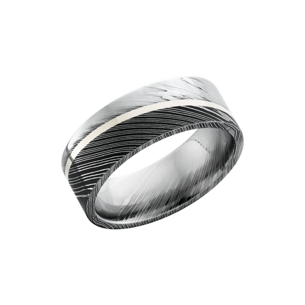 Handmade 8mm Damascus steel band with an angled inlay of sterling silver Toner Jewelers Overland Park, KS