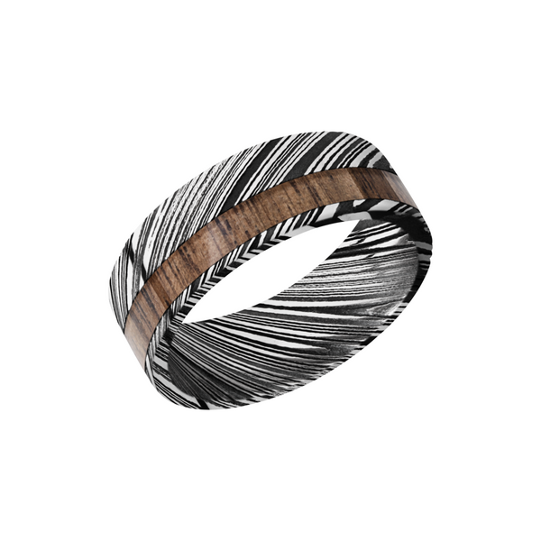 Damascus steel 8mm flat band with 1, 3mm off-centered inlay of Walnut hardwood Cozzi Jewelers Newtown Square, PA