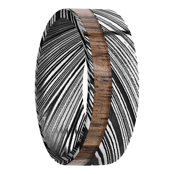 Damascus steel 8mm flat band with 1, 3mm off-centered inlay of Walnut hardwood Image 2 Cozzi Jewelers Newtown Square, PA