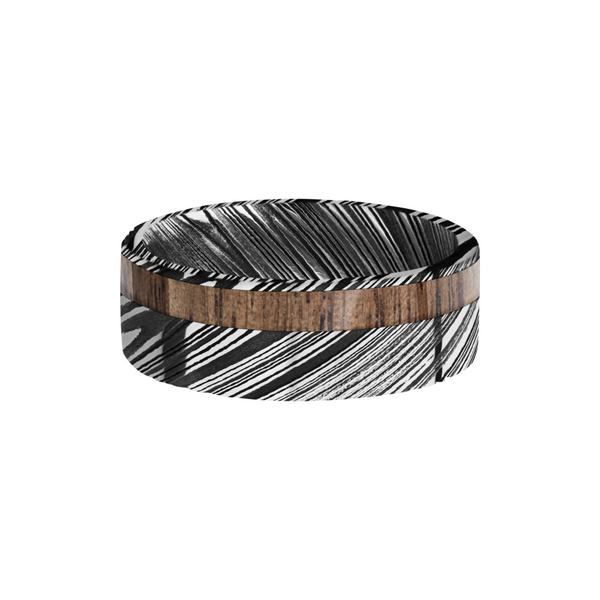 Damascus steel 8mm flat band with 1, 3mm off-centered inlay of Walnut hardwood Image 3 Cozzi Jewelers Newtown Square, PA