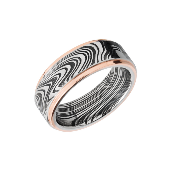 Handmade 8mm marble Damascus steel flat band with 14K rose gold grooved edges Cozzi Jewelers Newtown Square, PA