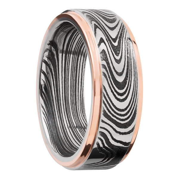 Handmade 8mm marble Damascus steel flat band with 14K rose gold grooved edges Image 2 Cozzi Jewelers Newtown Square, PA