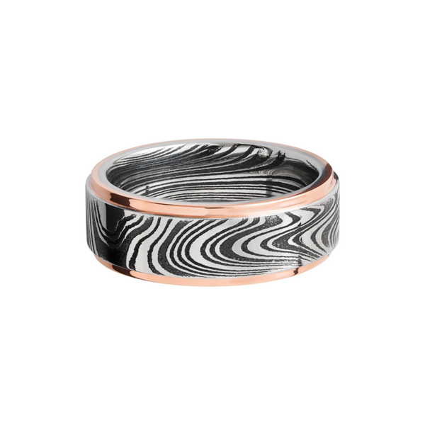 Handmade 8mm marble Damascus steel flat band with 14K rose gold grooved edges Image 3 Cozzi Jewelers Newtown Square, PA