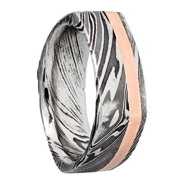 Handmade 8mm woodgrain Damascus steel square band with an inlay of 14K rose gold Image 2 Toner Jewelers Overland Park, KS