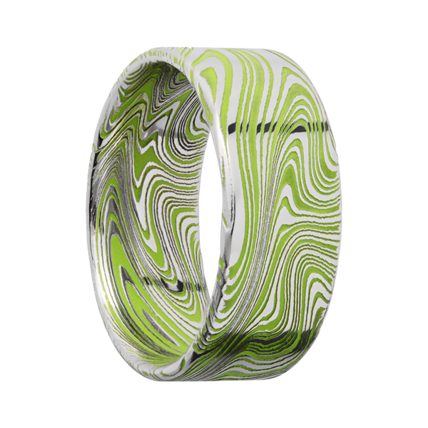 Marble Damascus steel 9mm flat band with slightly rounded edges and Zombie Green Cerakote in the recessed pattern Image 2 Cozzi Jewelers Newtown Square, PA