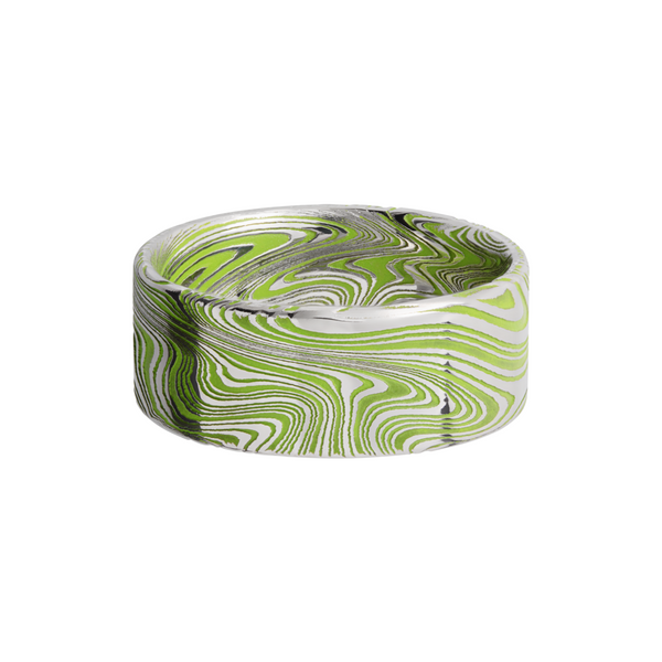 Marble Damascus steel 9mm flat band with slightly rounded edges and Zombie Green Cerakote in the recessed pattern Image 3 Toner Jewelers Overland Park, KS