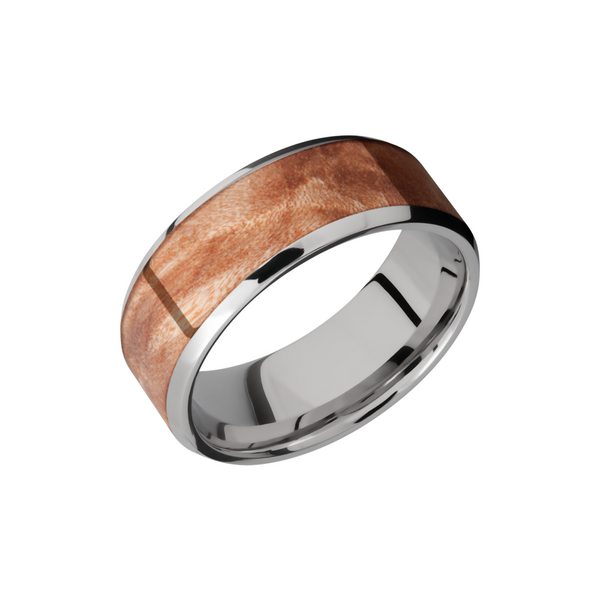 Titanium 8mm beveled band with an inlay of Mapleburl hardwood Cozzi Jewelers Newtown Square, PA
