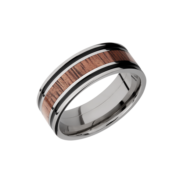Titanium 8mm flat band with antiquing on both sides of an Koa hardwood inlay Cozzi Jewelers Newtown Square, PA