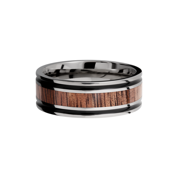 Titanium 8mm flat band with antiquing on both sides of an Koa hardwood inlay Image 3 Toner Jewelers Overland Park, KS