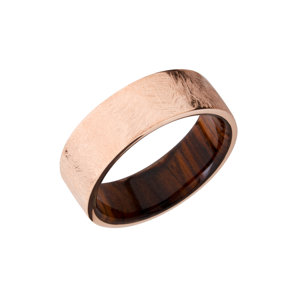 14K Rose gold 8mm flat band with a hardwood sleeve of Natcoco Mead Jewelers Enid, OK