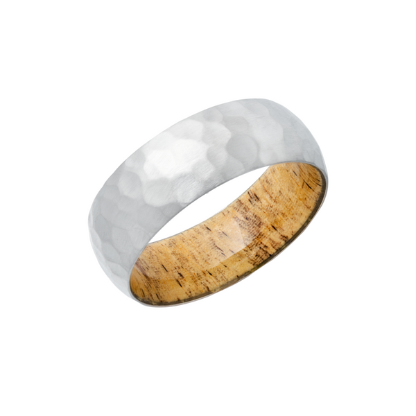 Titanium 8mm domed band with a hardwood sleeve of Spalted Tamarind Cozzi Jewelers Newtown Square, PA