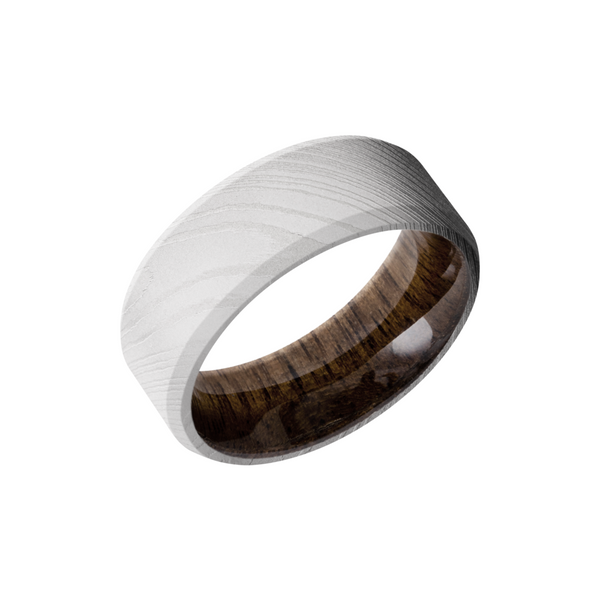 Damascus steel 8mm beveled band with a sleeve of Walnut hardwood Cozzi Jewelers Newtown Square, PA