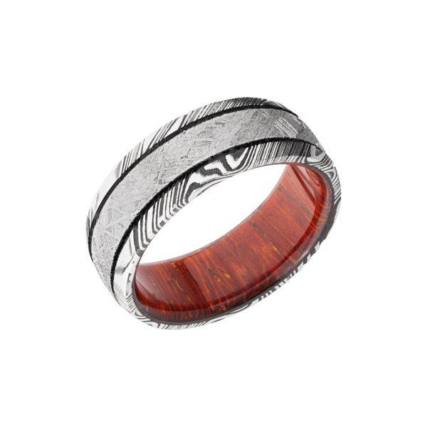 Handmade 8mm Damascus steel domed band with an inlay of authentic Gibeon meteorite and a hardwood sleeve of Padauk Toner Jewelers Overland Park, KS