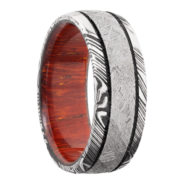 Handmade 8mm Damascus steel domed band with an inlay of authentic Gibeon meteorite and a hardwood sleeve of Padauk Image 2 Cozzi Jewelers Newtown Square, PA