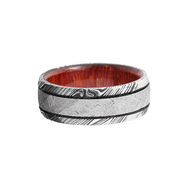 Handmade 8mm Damascus steel domed band with an inlay of authentic Gibeon meteorite and a hardwood sleeve of Padauk Image 3 Toner Jewelers Overland Park, KS