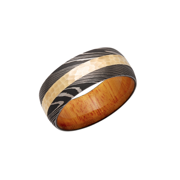 Handmade 9mm Damascus steel domed band with an inlay of 14K yellow gold and a hardwood sleeve of Osage Orange Cozzi Jewelers Newtown Square, PA