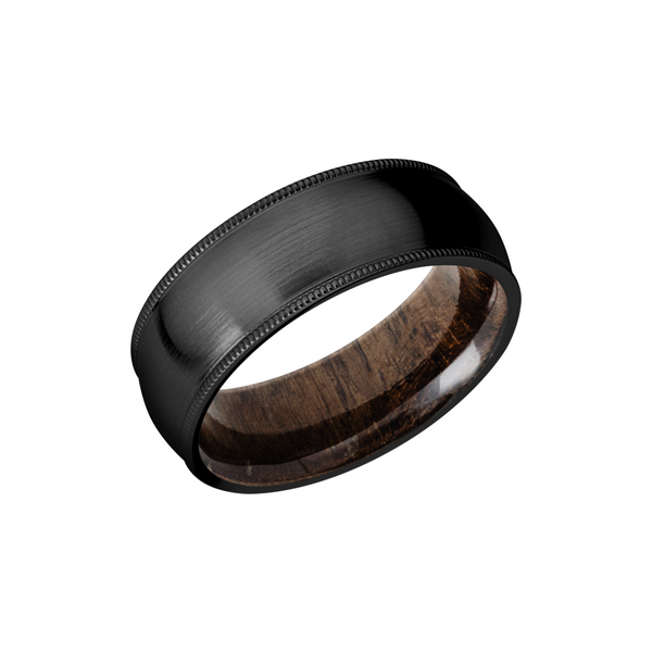Zirconium 8mm domed band with milgrain edges and a sleeve of Walnut hardwood Cozzi Jewelers Newtown Square, PA