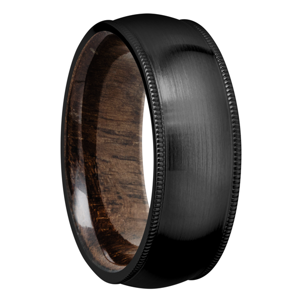 Zirconium 8mm domed band with milgrain edges and a sleeve of Walnut hardwood Image 2 Quality Gem LLC Bethel, CT