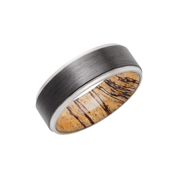 Zirconium 8mm flat band with grooved edges and a hardwood sleeve of Spalted Tamarind Toner Jewelers Overland Park, KS