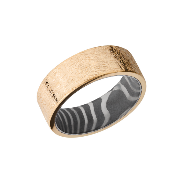 14K yellow gold 8mm band with a handmade tiger Damascus steel sleeve Ken Walker Jewelers Gig Harbor, WA