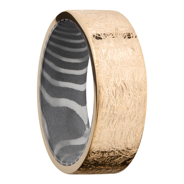14K yellow gold 8mm band with a handmade tiger Damascus steel sleeve Image 2 Milan's Jewelry Inc Sarasota, FL