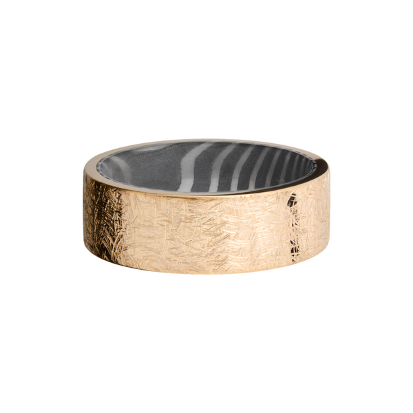 14K yellow gold 8mm band with a handmade tiger Damascus steel sleeve Image 3 Raleigh Diamond Fine Jewelry Raleigh, NC
