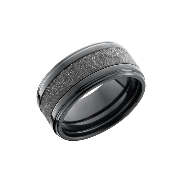 Zirconium 10mm flat band with grooved edges with an inlay of authentic Gibeon meteorite Toner Jewelers Overland Park, KS