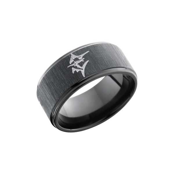 Zirconium 10mm flat band with grooved edges and a laser-carved marlin fish Cozzi Jewelers Newtown Square, PA