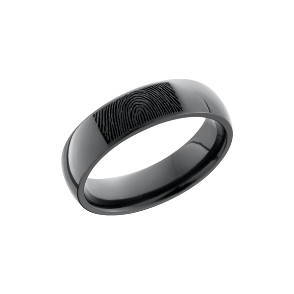 Zirconium 6mm domed band with a laser-carved fingerprint Cozzi Jewelers Newtown Square, PA