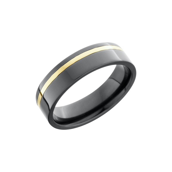 Zirconium 6mm flat band with an off center inlay of 14K yellow gold Toner Jewelers Overland Park, KS