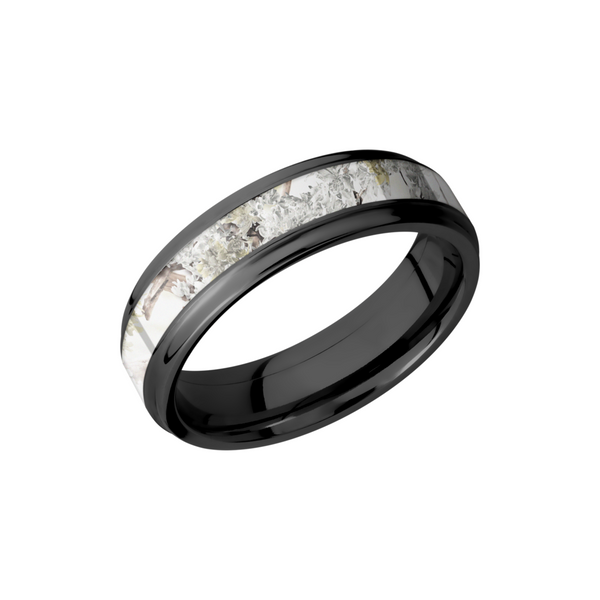 Zirconium 6mm flat band with grooved edges and a 3mm inlay of King's Snow Camo Toner Jewelers Overland Park, KS