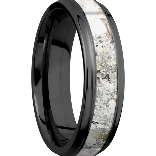 Zirconium 6mm flat band with grooved edges and a 3mm inlay of King's Snow Camo Image 2 Toner Jewelers Overland Park, KS
