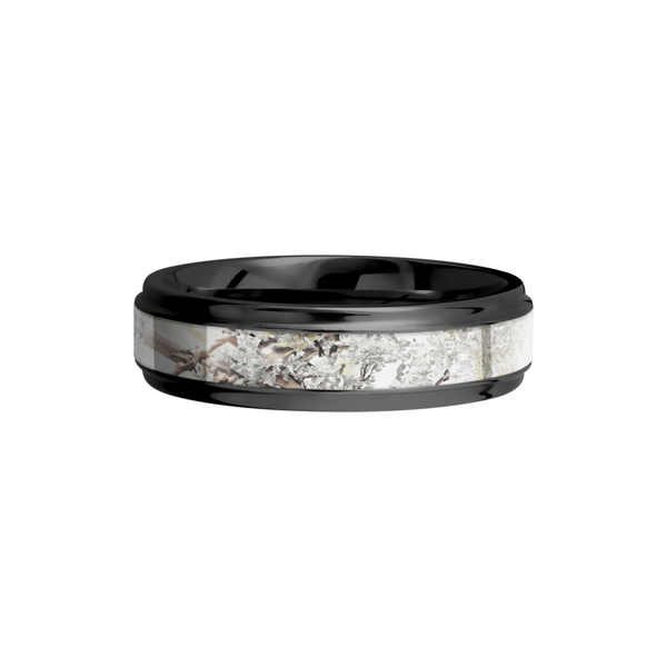 Zirconium 6mm flat band with grooved edges and a 3mm inlay of King's Snow Camo Image 3 Toner Jewelers Overland Park, KS