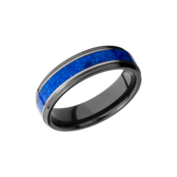 Zirconium 6mm flat band with grooved edges and a mosaic inlay of Lapis Toner Jewelers Overland Park, KS