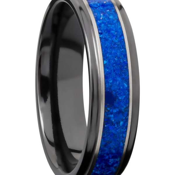 Zirconium 6mm flat band with grooved edges and a mosaic inlay of Lapis Image 2 Toner Jewelers Overland Park, KS