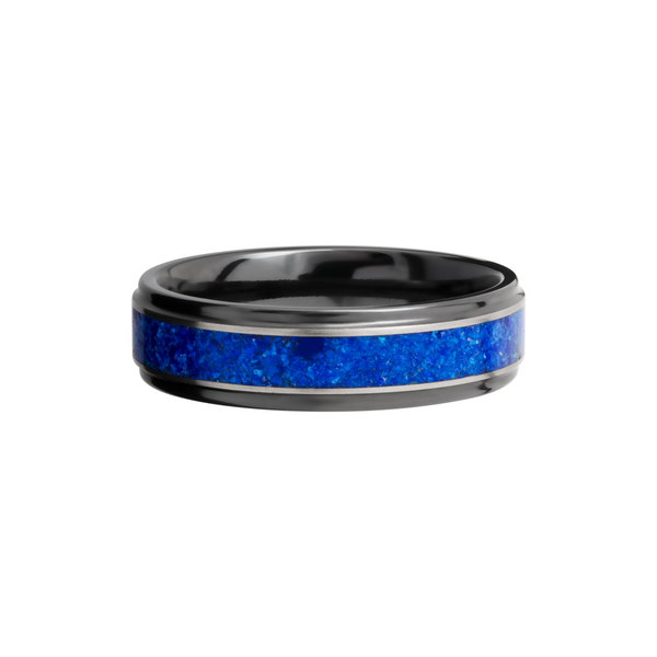 Zirconium 6mm flat band with grooved edges and a mosaic inlay of Lapis Image 3 Toner Jewelers Overland Park, KS