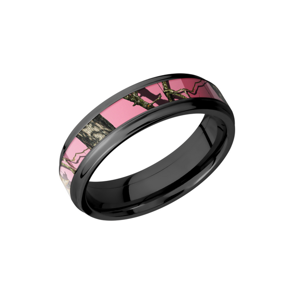 Cobalt chrome 6mm flat band with grooved edges and a 3mm inlay of Mossy Oak Pink Break Up Camo Toner Jewelers Overland Park, KS