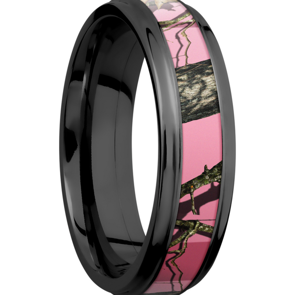 Cobalt chrome 6mm flat band with grooved edges and a 3mm inlay of Mossy Oak Pink Break Up Camo Image 2 Cozzi Jewelers Newtown Square, PA