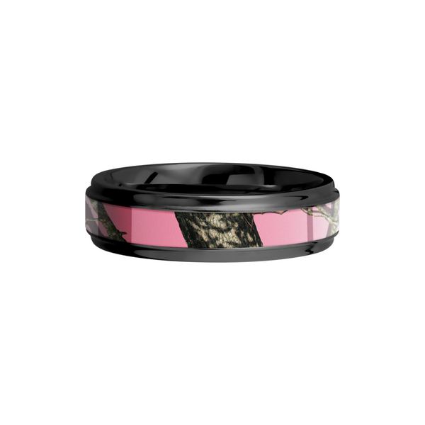 Cobalt chrome 6mm flat band with grooved edges and a 3mm inlay of Mossy Oak Pink Break Up Camo Image 3 Quality Gem LLC Bethel, CT