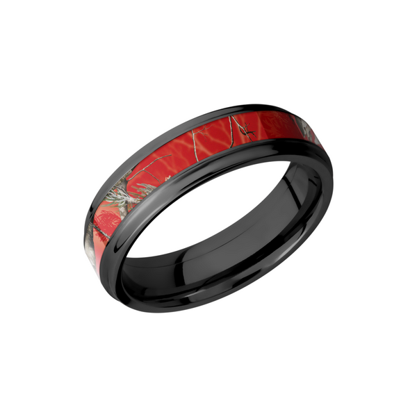 Zirconium 6mm flat band with grooved edges and a 3mm inlay of Realtree APC Red Camo Toner Jewelers Overland Park, KS
