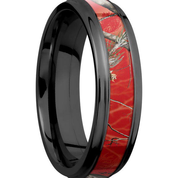 Zirconium 6mm flat band with grooved edges and a 3mm inlay of Realtree APC Red Camo Image 2 Toner Jewelers Overland Park, KS