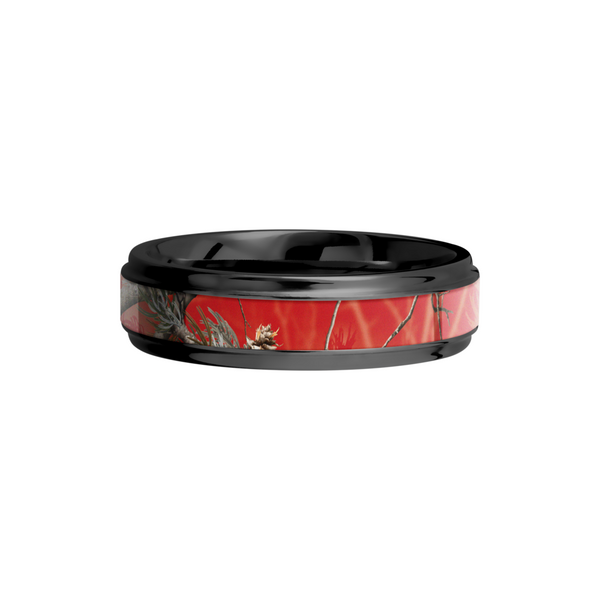 Zirconium 6mm flat band with grooved edges and a 3mm inlay of Realtree APC Red Camo Image 3 Toner Jewelers Overland Park, KS