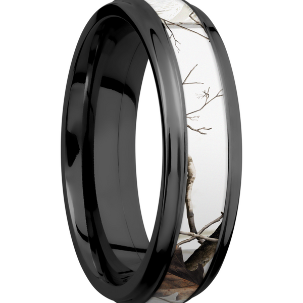 Zirconium 6mm flat band with grooved edges and a 3mm inlay of Realtree APC Snow Camo Image 2 Quality Gem LLC Bethel, CT